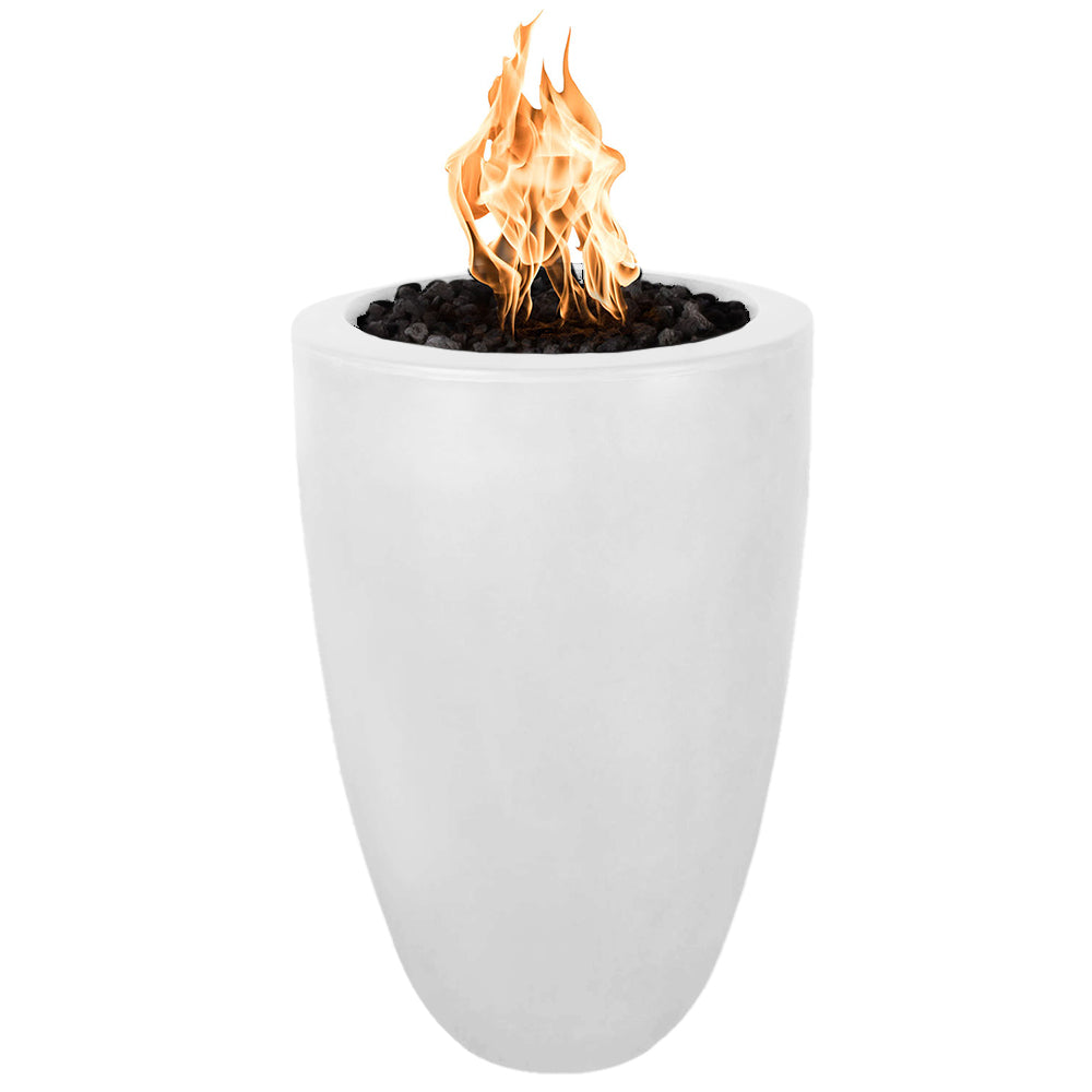 Concrete fire pillar with orange flame, white finish, round top opening