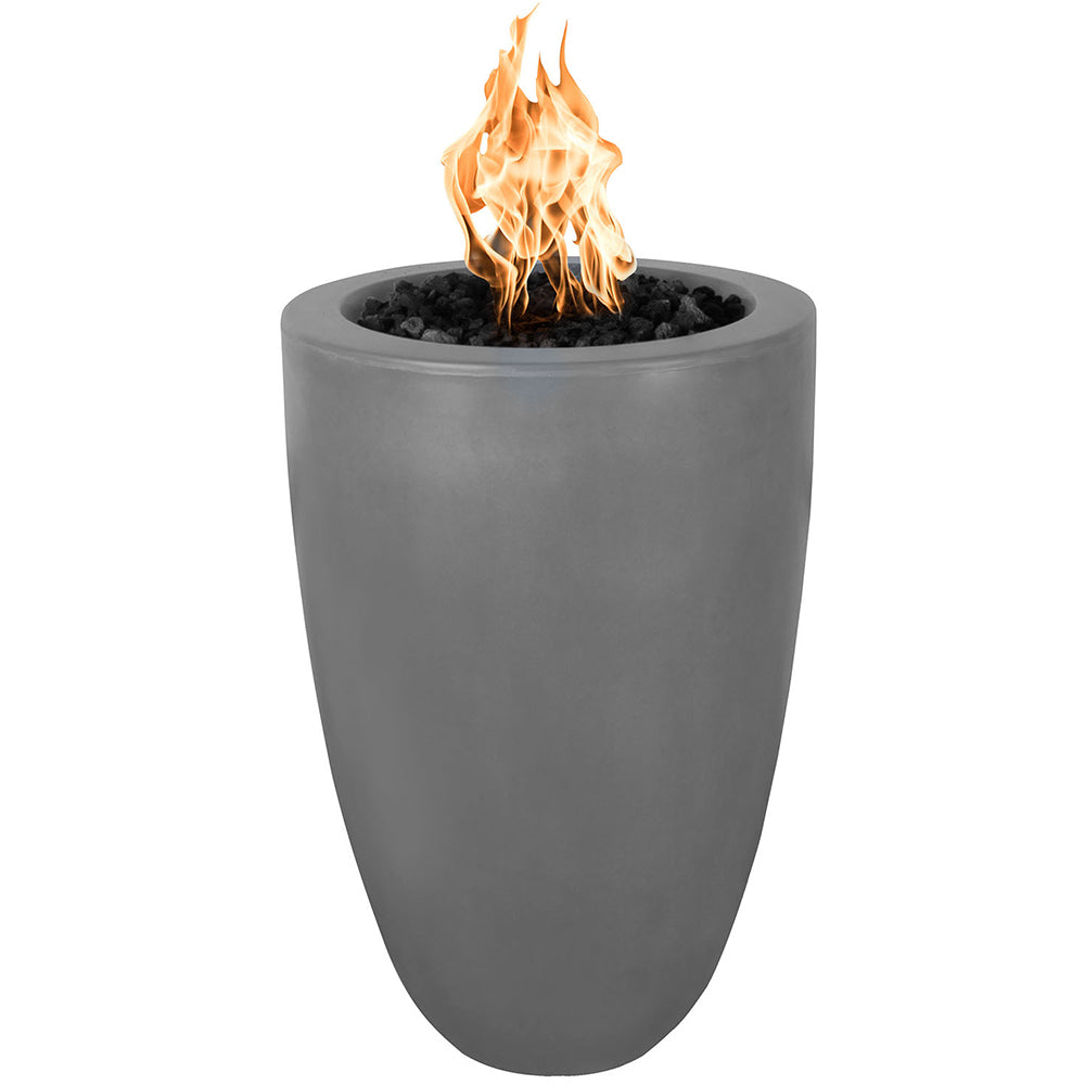 Concrete fire pillar with orange flame, medium gray finish, round top opening