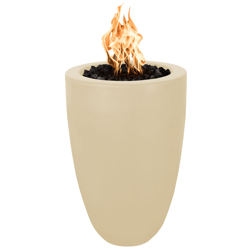 Concrete fire pillar with flames, light cream finish, open round fire bowl