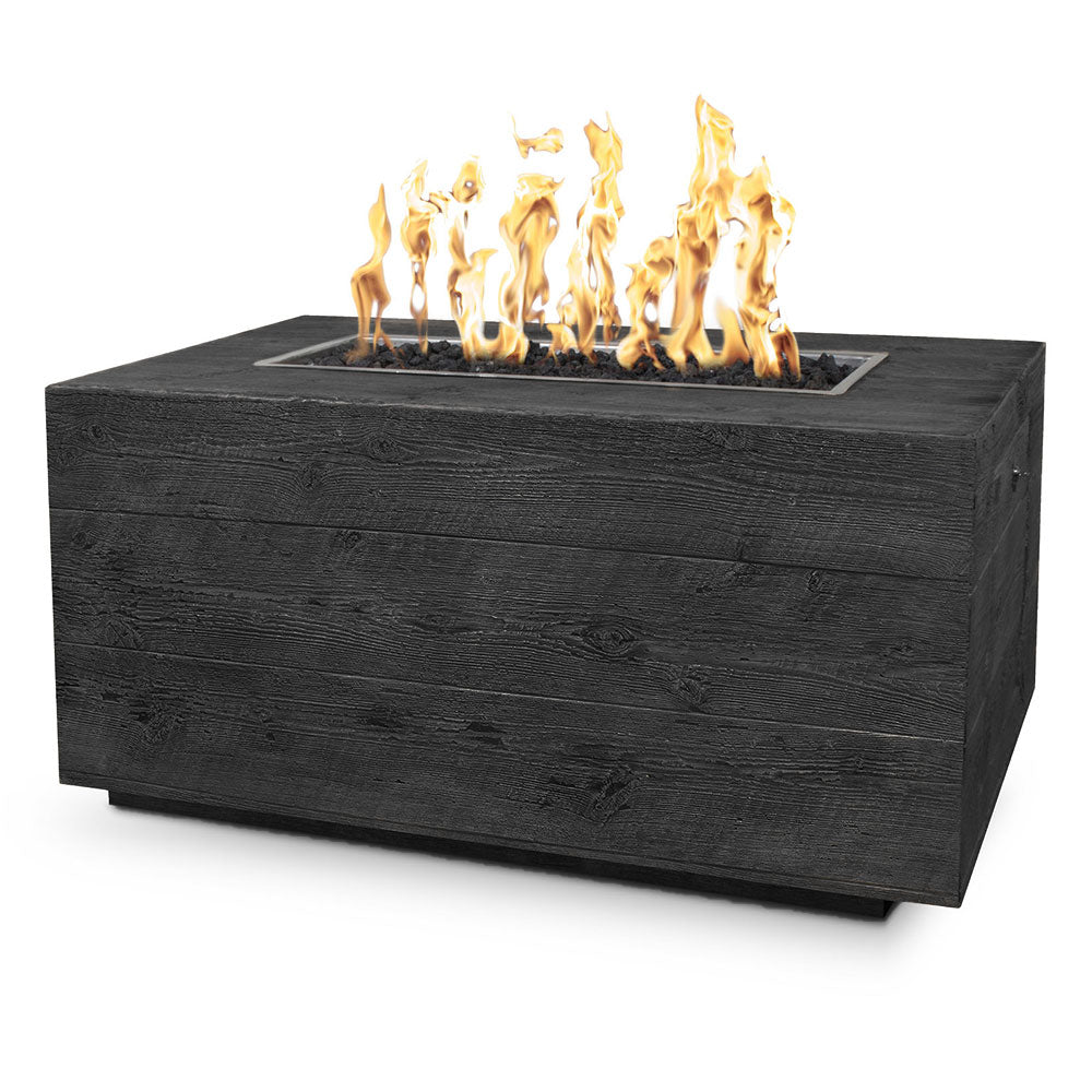 Wood grain outdoor fire pit in dark ebony with flames rising from burner tray