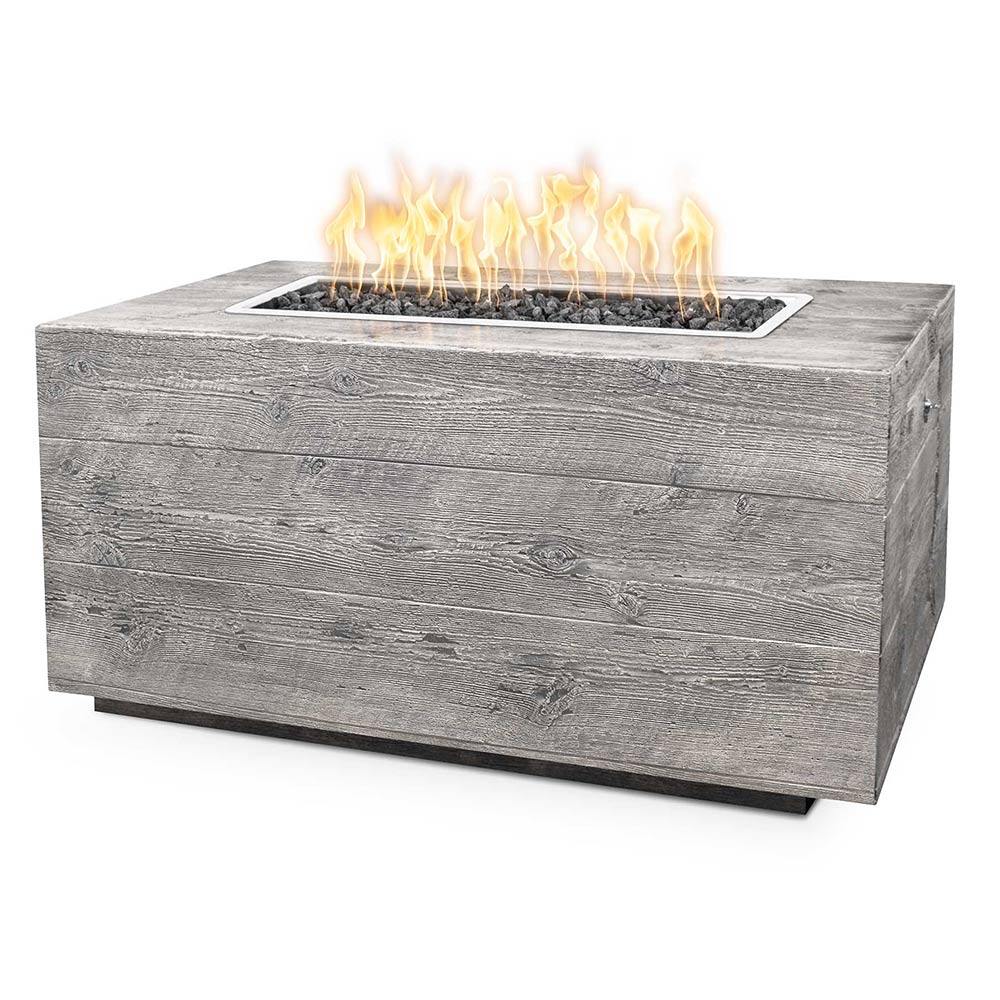 Wood grain outdoor fire pit in light gray with front access panel and flames