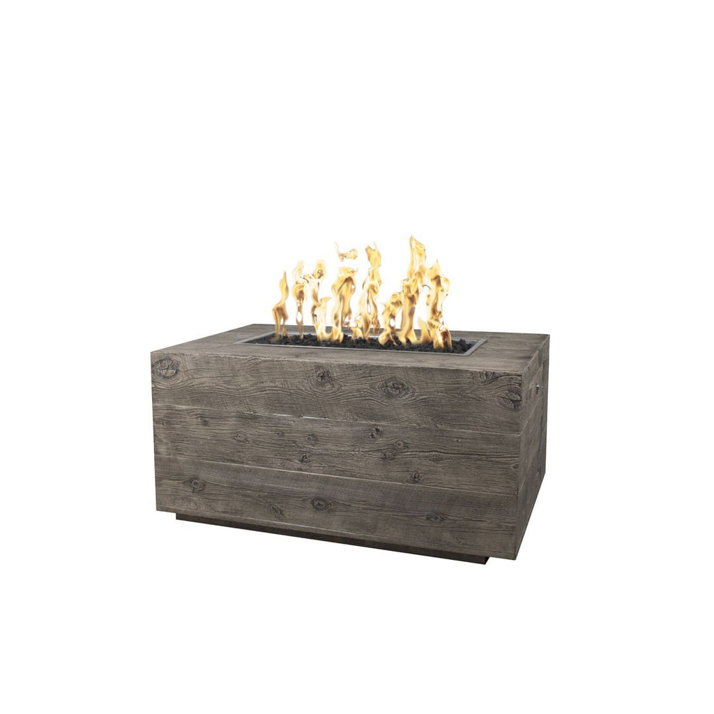 Outdoor fire pit with dark wood-grain finish and small flames burning in the top tray