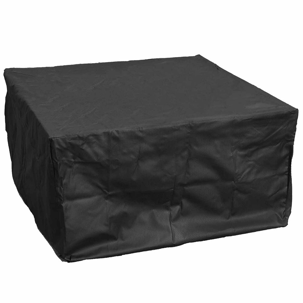 Square fire pit cover in dark canvas with fitted corners, 24x24-inch size