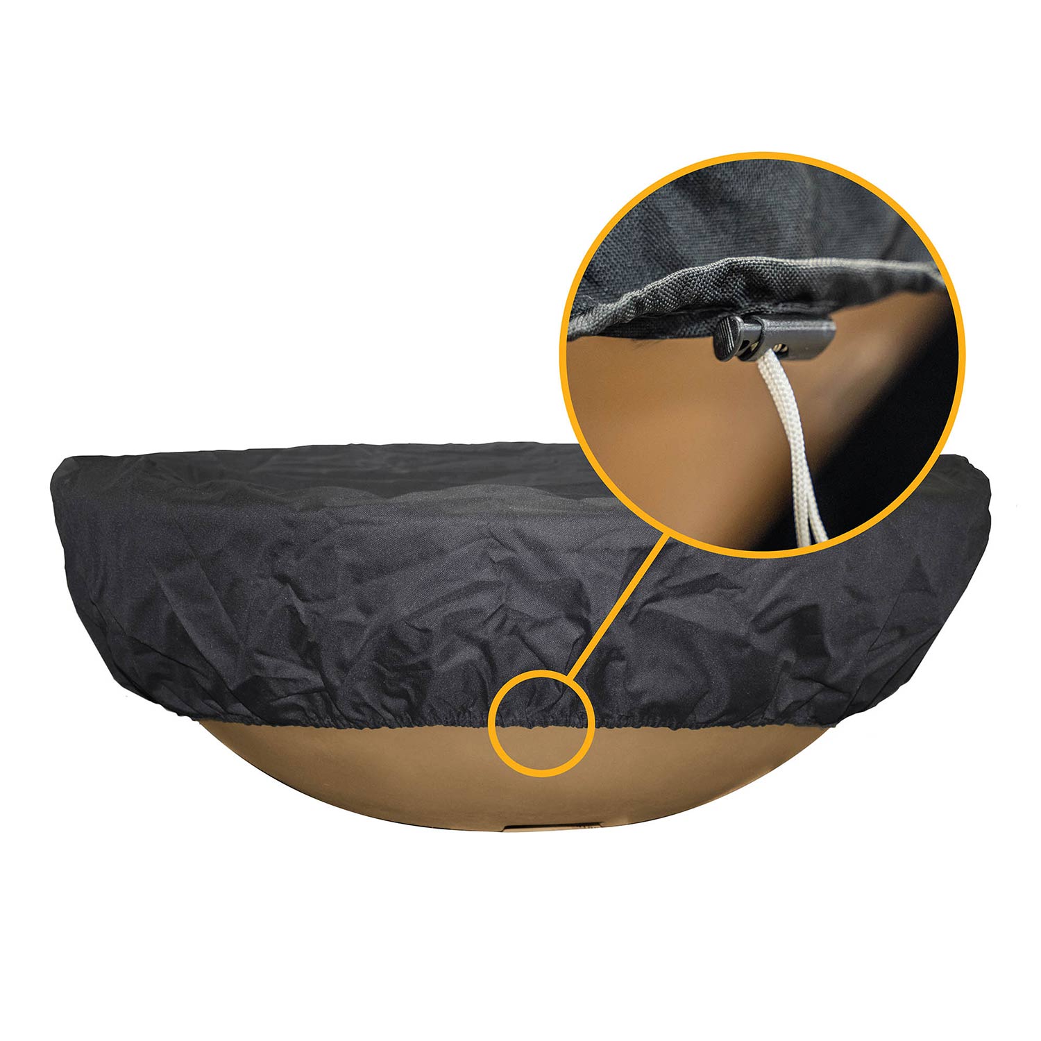 Fire pit cover canvas with cord and toggle for snug closure around bottom edge