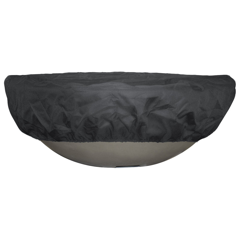 Round fire pit cover in dark canvas with cinched drawcord hem