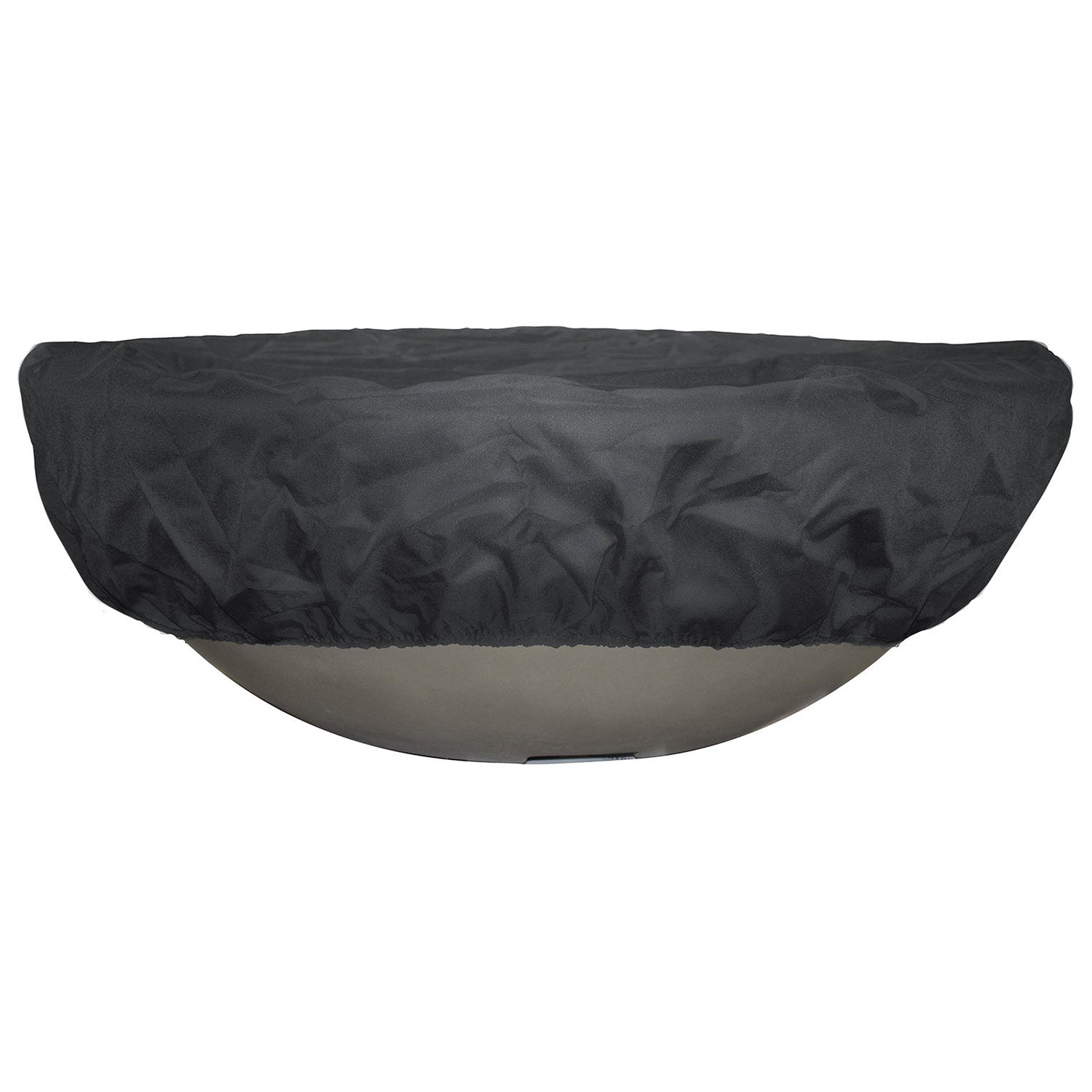 Round fire pit cover in dark canvas fabric with fitted, curved drape