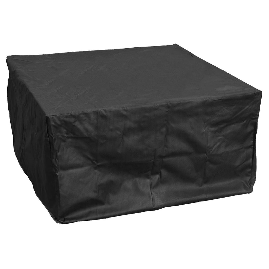 Square fire pit cover, dark fabric with fitted corners and stitched seams