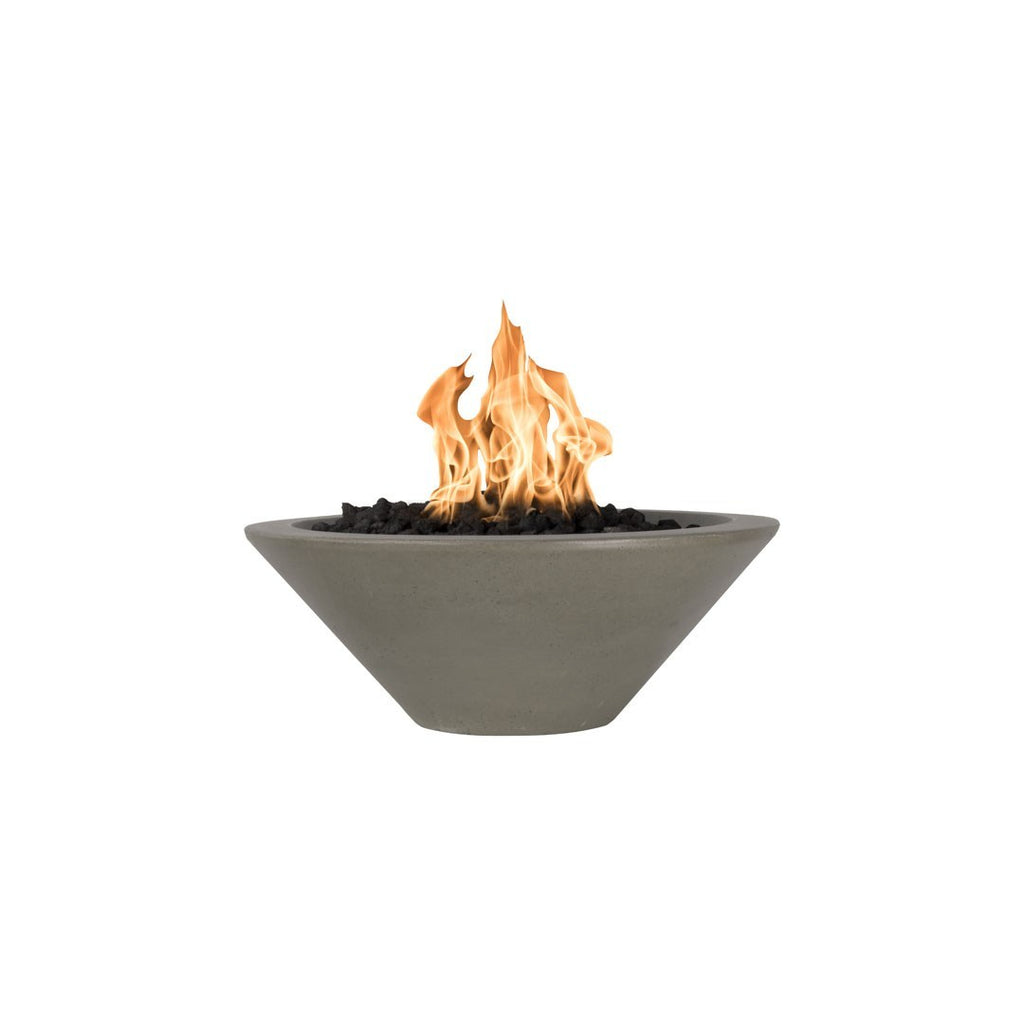 Round concrete gas fire bowl with orange flames, light gray finish