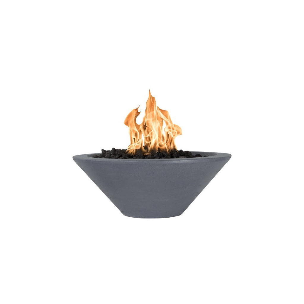 Concrete gas fire bowl with round basin and orange flames, dark gray finish