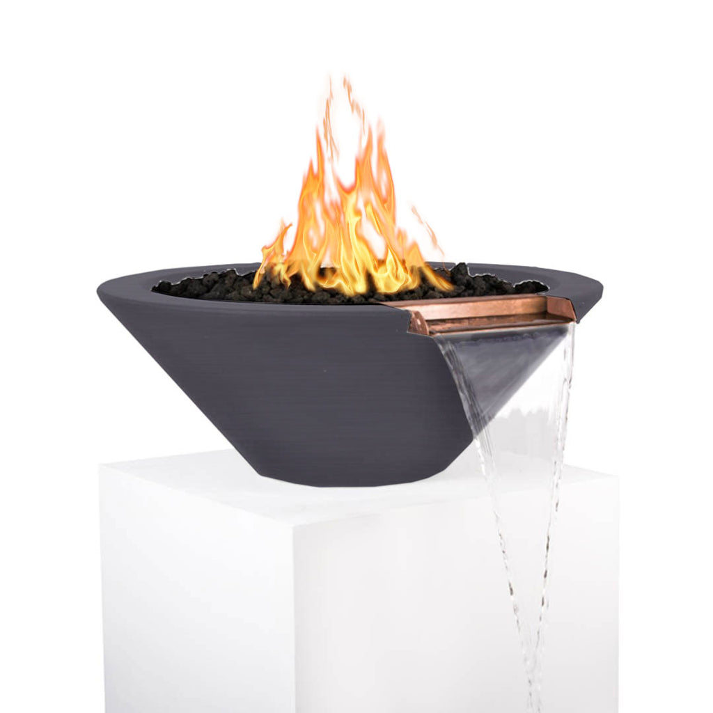 Dark grey round concrete fire and water bowl with flames, black lava rocks, and water pouring
