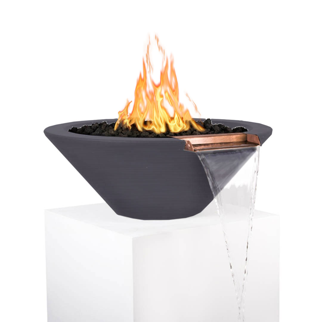 Dark grey round concrete fire and water bowl with flames, black lava rocks, and water pouring