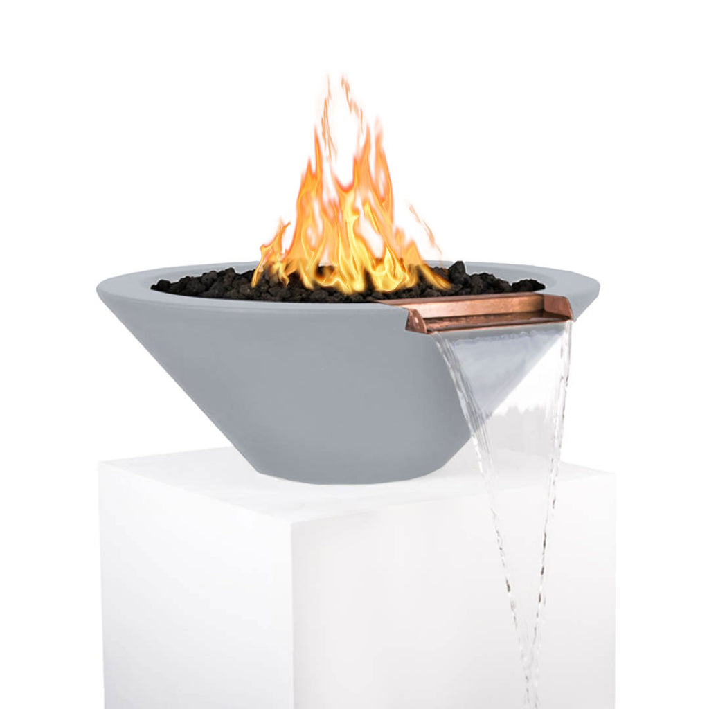 Round light gray concrete fire and water bowl with flames, copper burner, and clear water panel