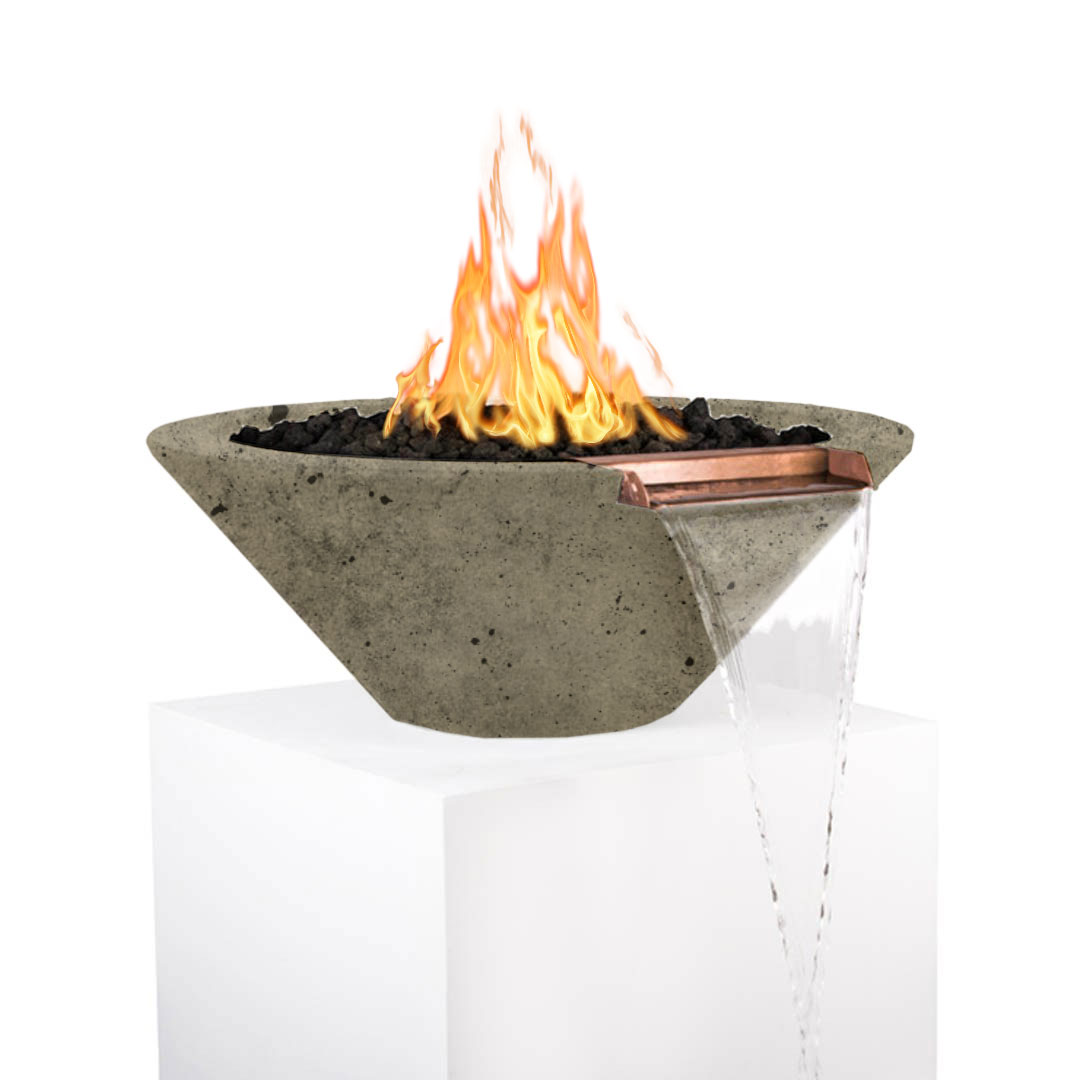 Speckled dark grey round concrete fire and water bowl with flames, black lava rocks, and water stream