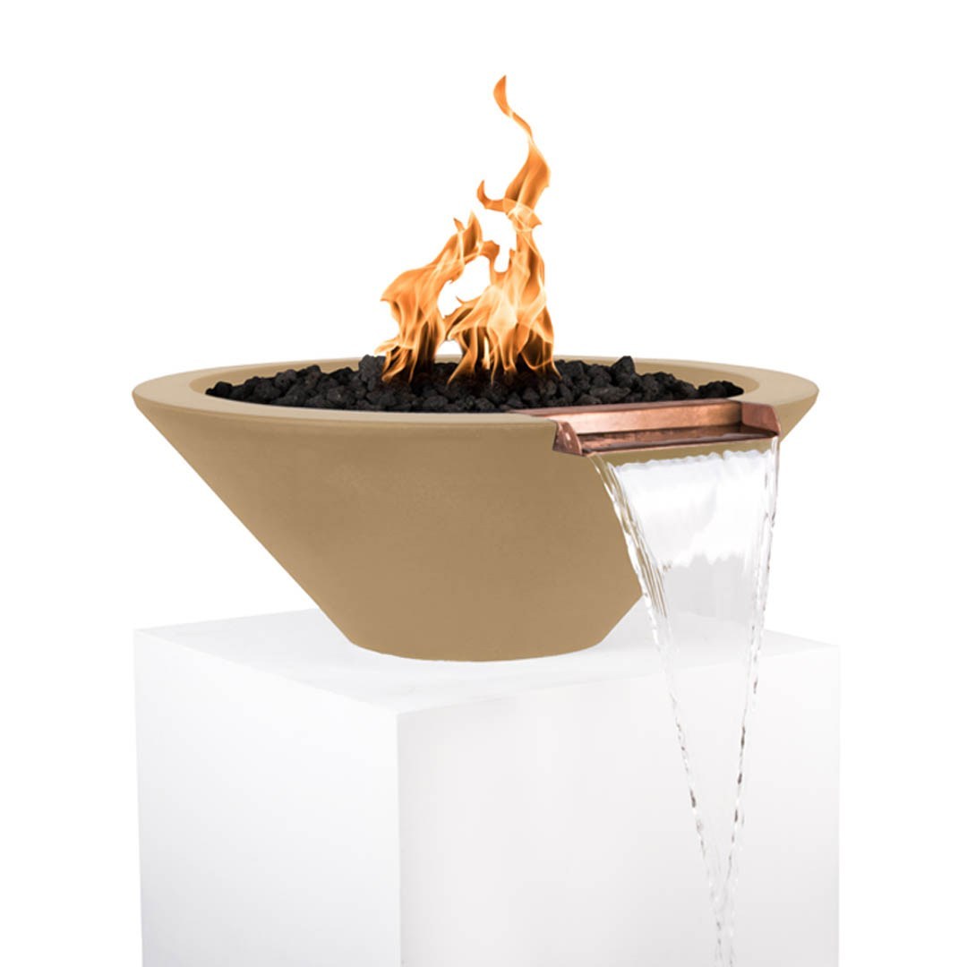 Beige round concrete fire and water bowl with flames over black lava rocks and water stream