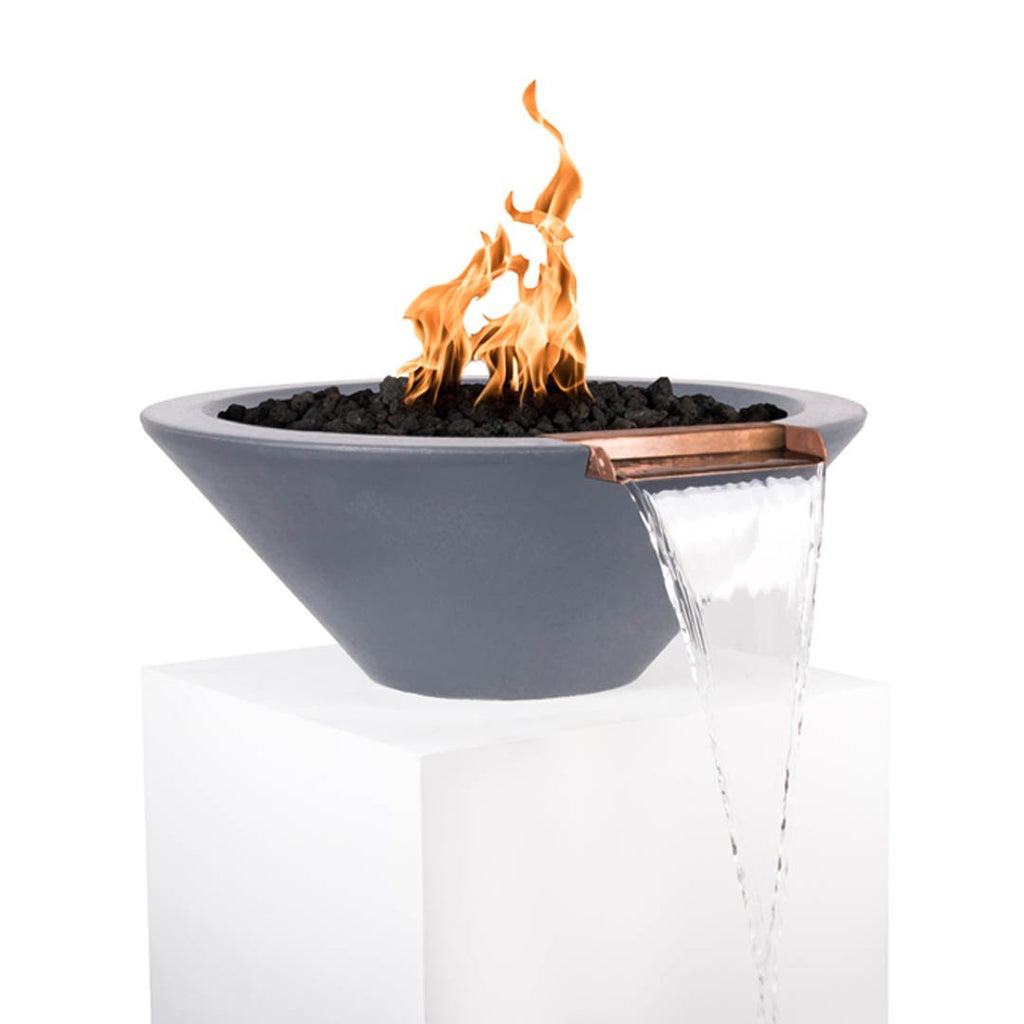 Dark grey round concrete fire and water bowl with flames, black lava rocks, and flowing water