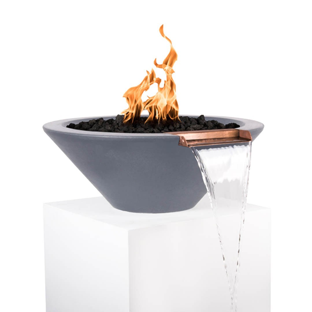 Dark grey round concrete fire and water bowl with flames, black lava rocks, and flowing water