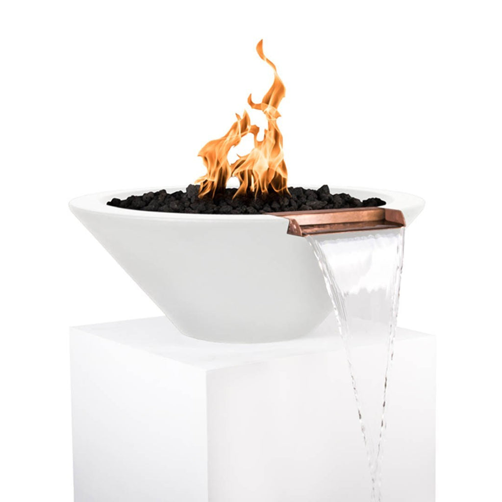 Light grey round concrete fire and water bowl with flames, black lava rocks, and water stream