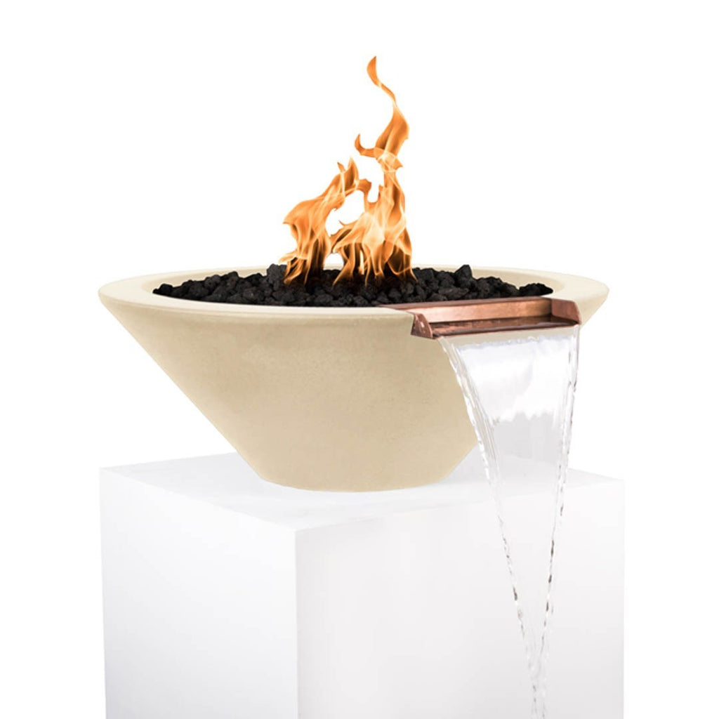 Light beige round concrete fire and water bowl with flames, black lava rocks, and water stream