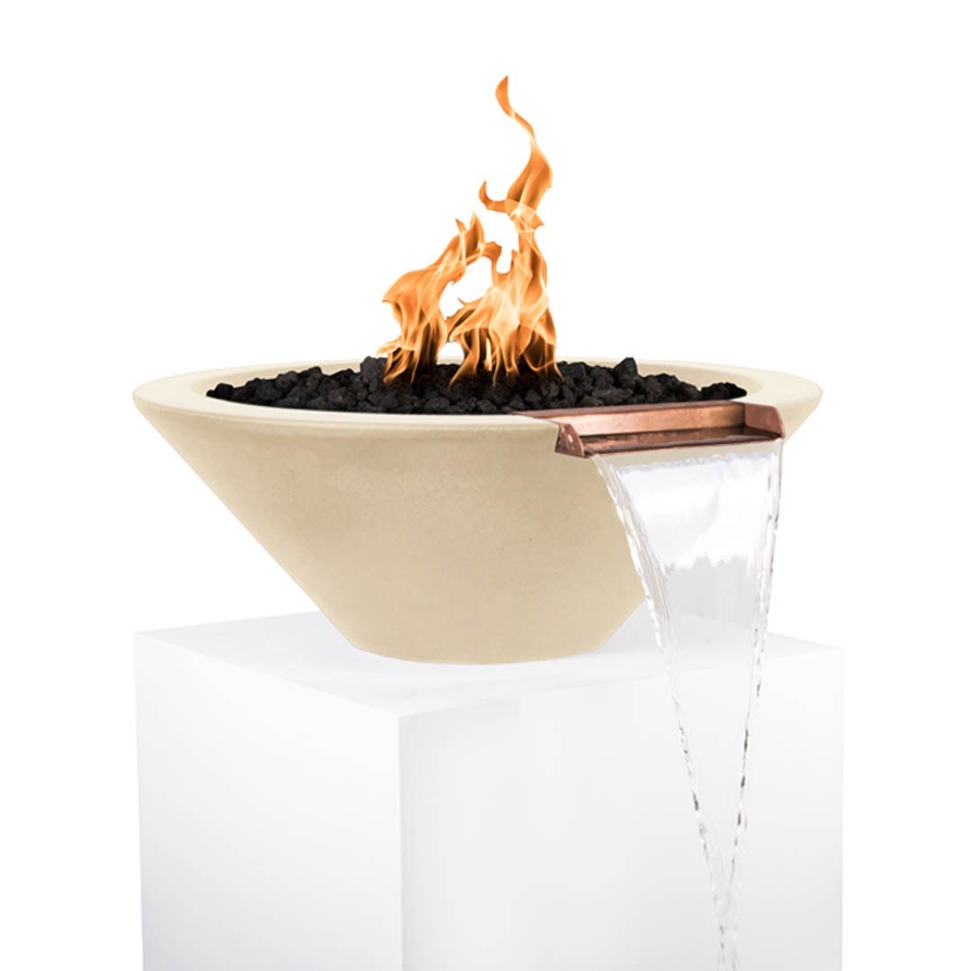 Light beige round concrete fire and water bowl with flames, black lava rocks, and water stream