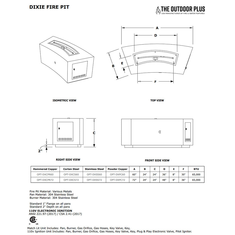 TOP Fires by The Outdoor Plus Dixie Linear Powder Coated Steel Gas Fire Pit