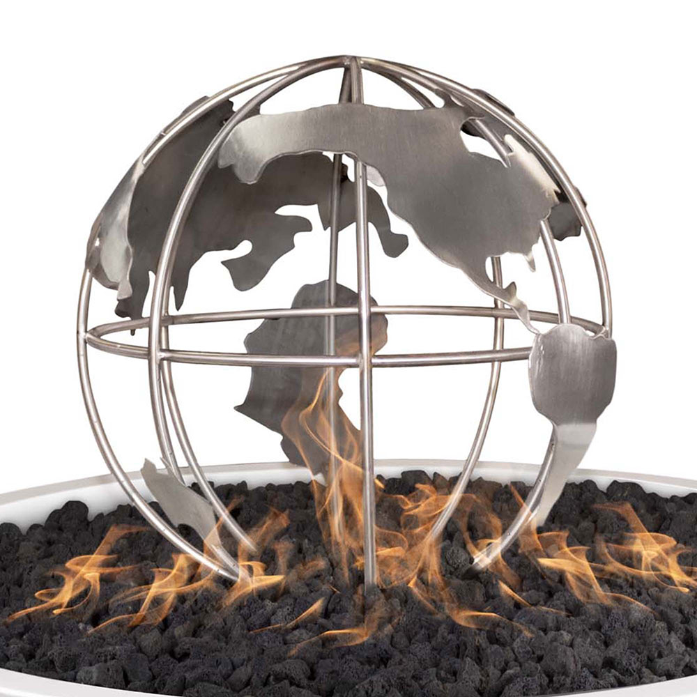 Stainless steel globe gas fire pit burner with visible flames and guard ring