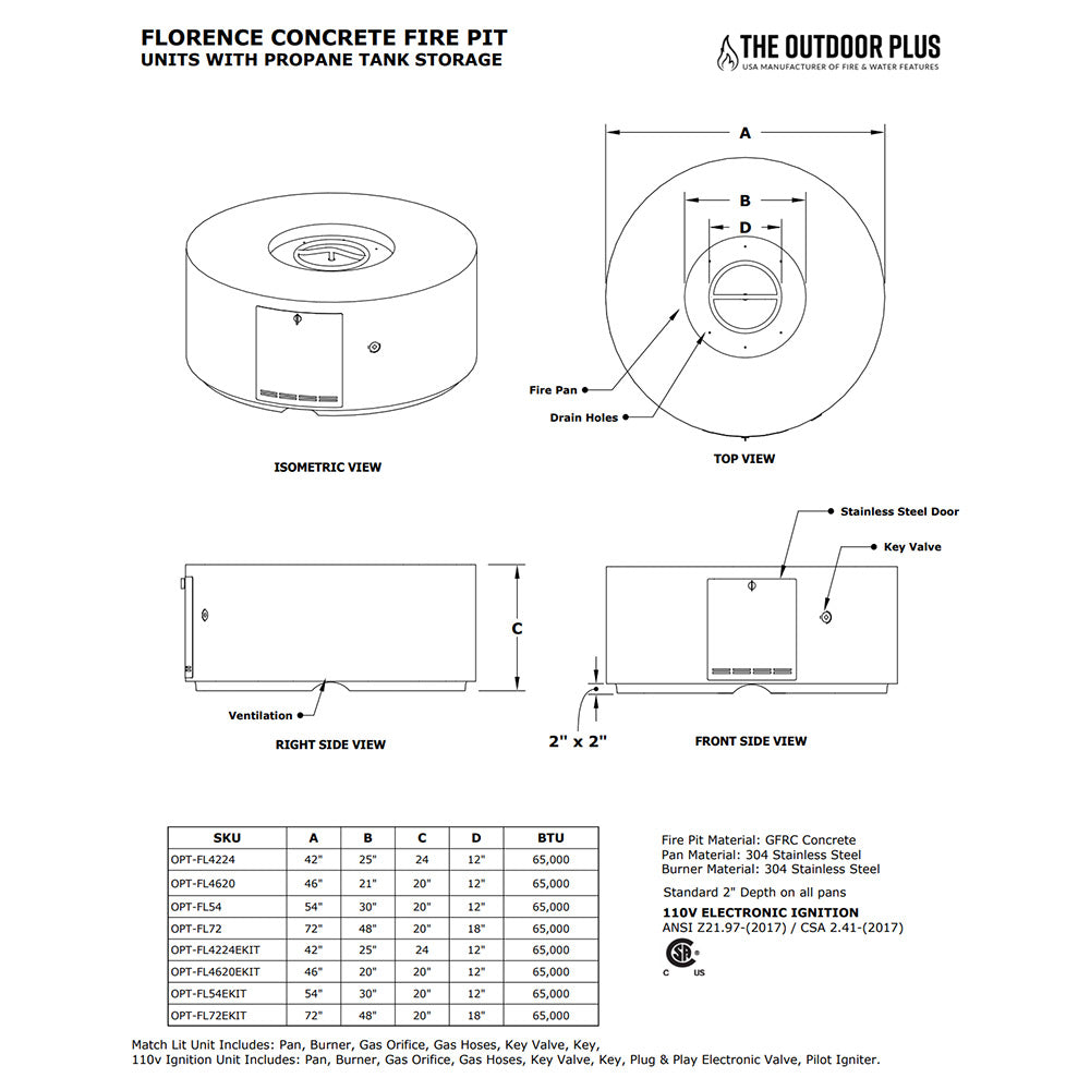 Round concrete fire pit diagram with top view, side view, and dimensions