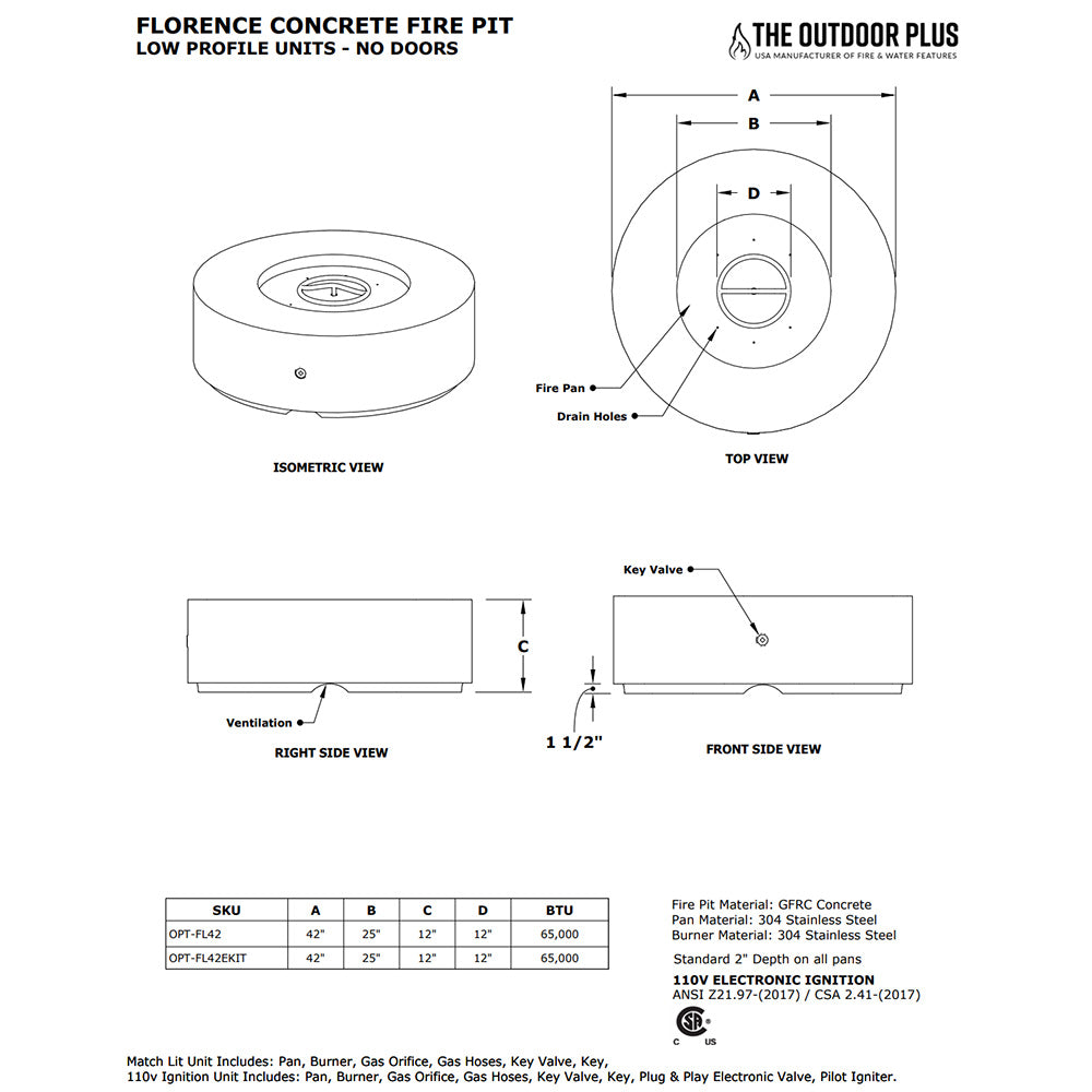 TOP Fires by The Outdoor Plus Florence 42-Inch Low Proile Concrete Gas Fire Pit