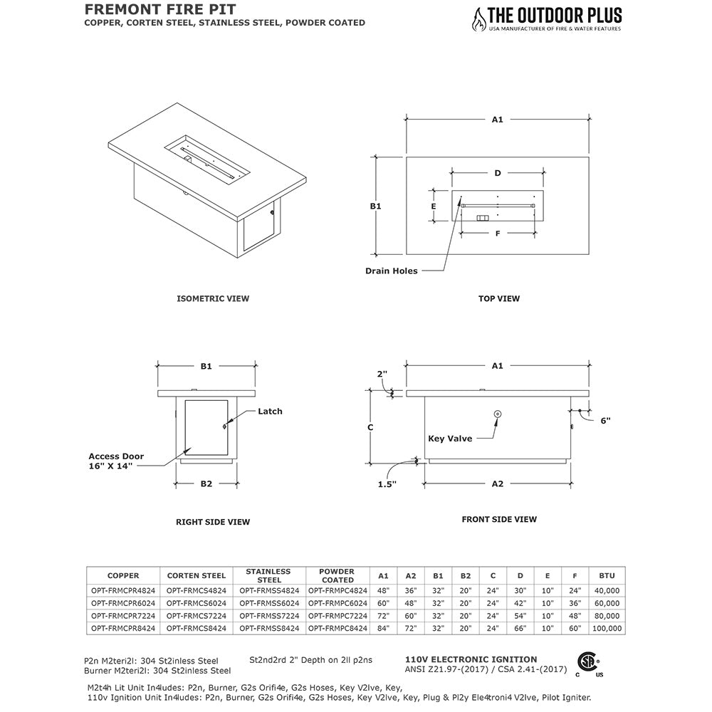 TOP Fires by The Outdoor Plus Fremont 24-Inch Tall Linear Stainless Steel Gas Fire Pit