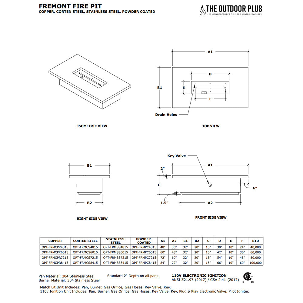 TOP Fires by The Outdoor Plus Fremont 15-Inch Tall Linear Stainless Steel Gas Fire Pit