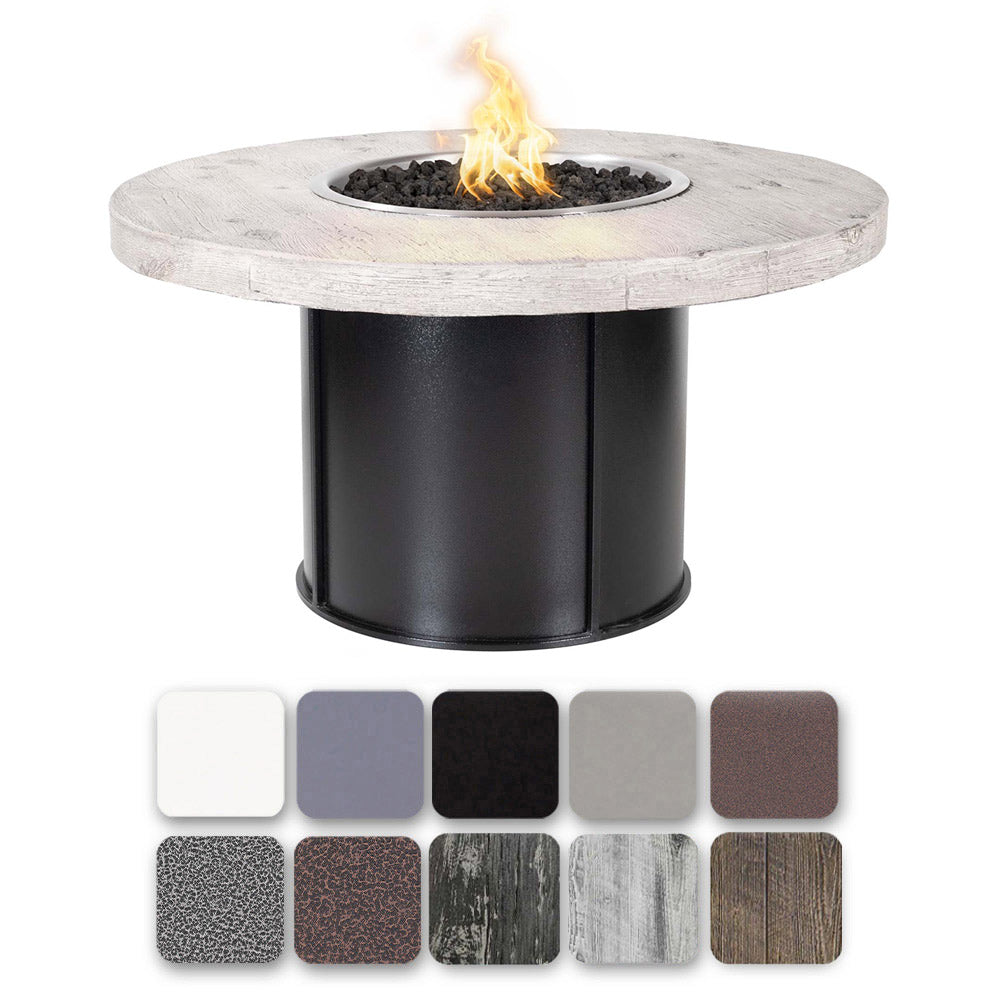 43-inch round gas fire table with light gray wood-grain concrete top and dark base