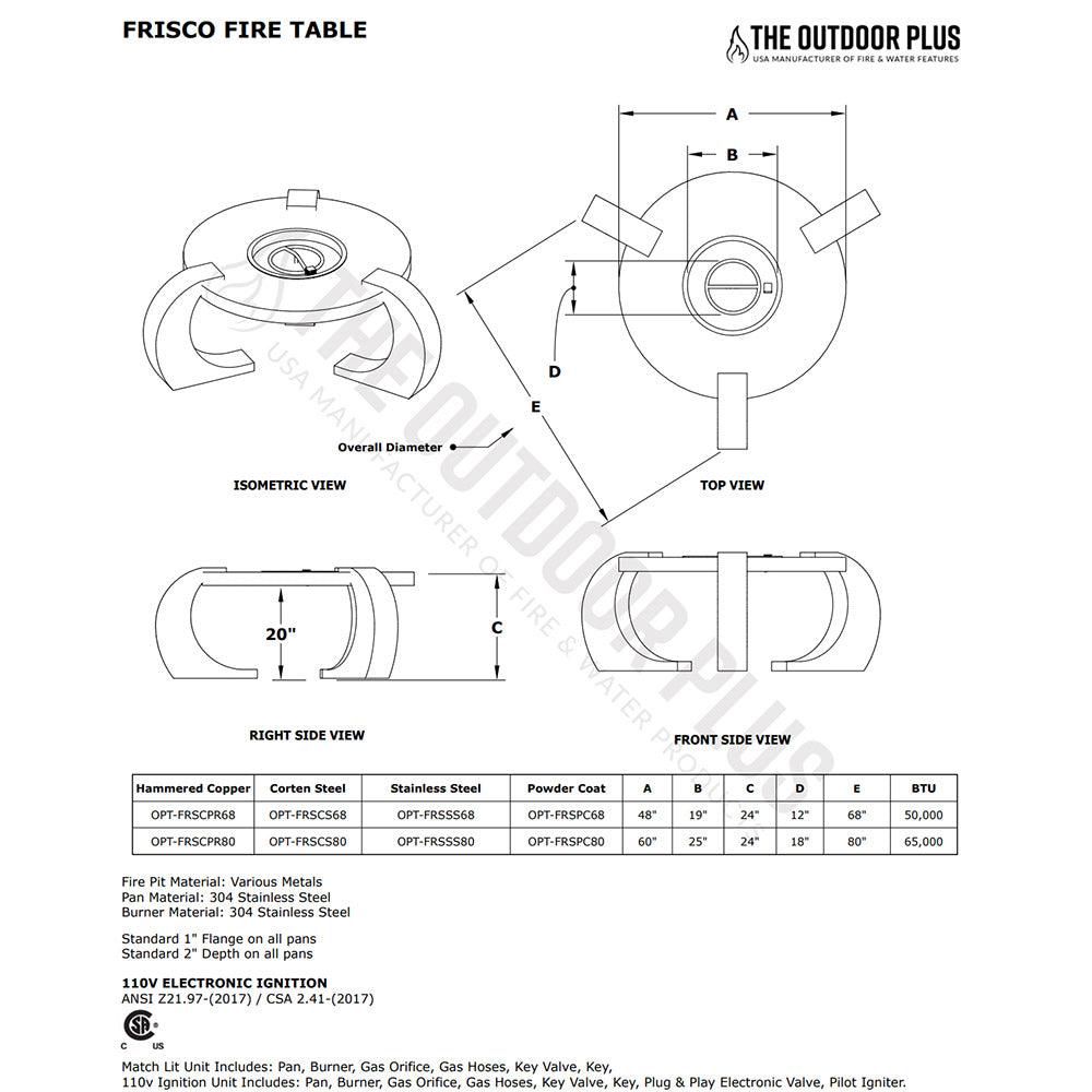TOP Fires by The Outdoor Plus Frisco Round Corten Steel Match Light Gas Fire Table