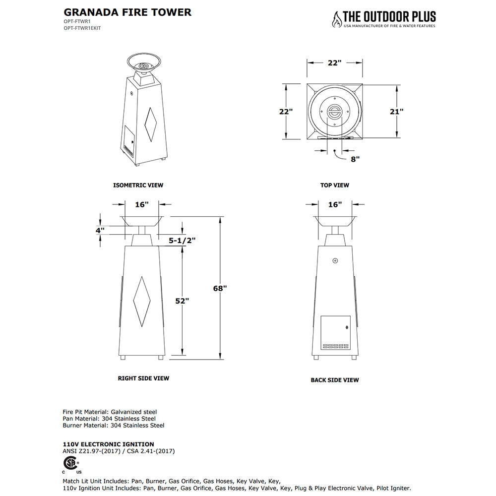 TOP Fires by The Outdoor Plus OPT-FTWR1x Granada Powder Coated Steel Fire Tower
