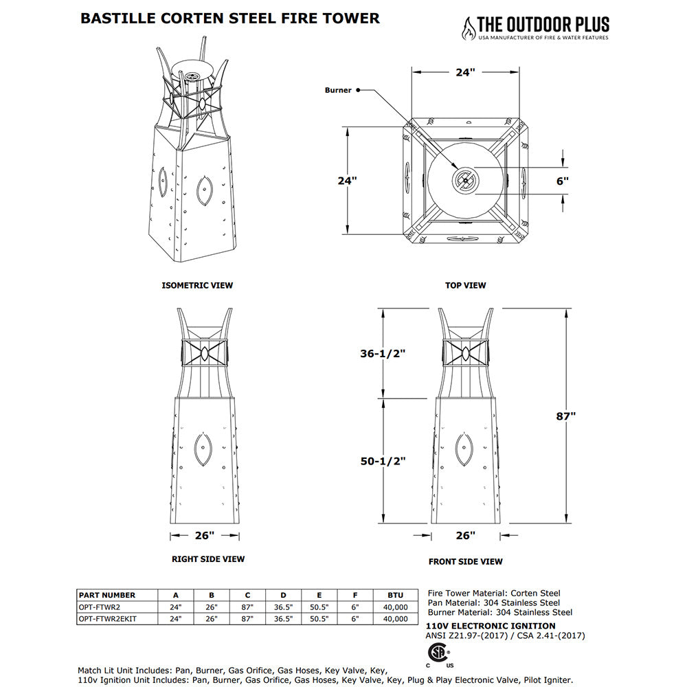TOP Fires by The Outdoor Plus OPT-FTWR2x Bastille Corten Steel Fire Tower