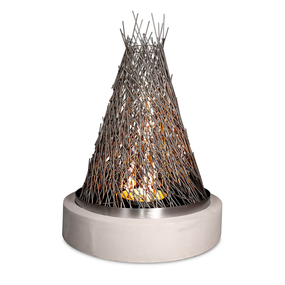 Outdoor concrete gas fire tower with steel mesh flame centerpiece and round base
