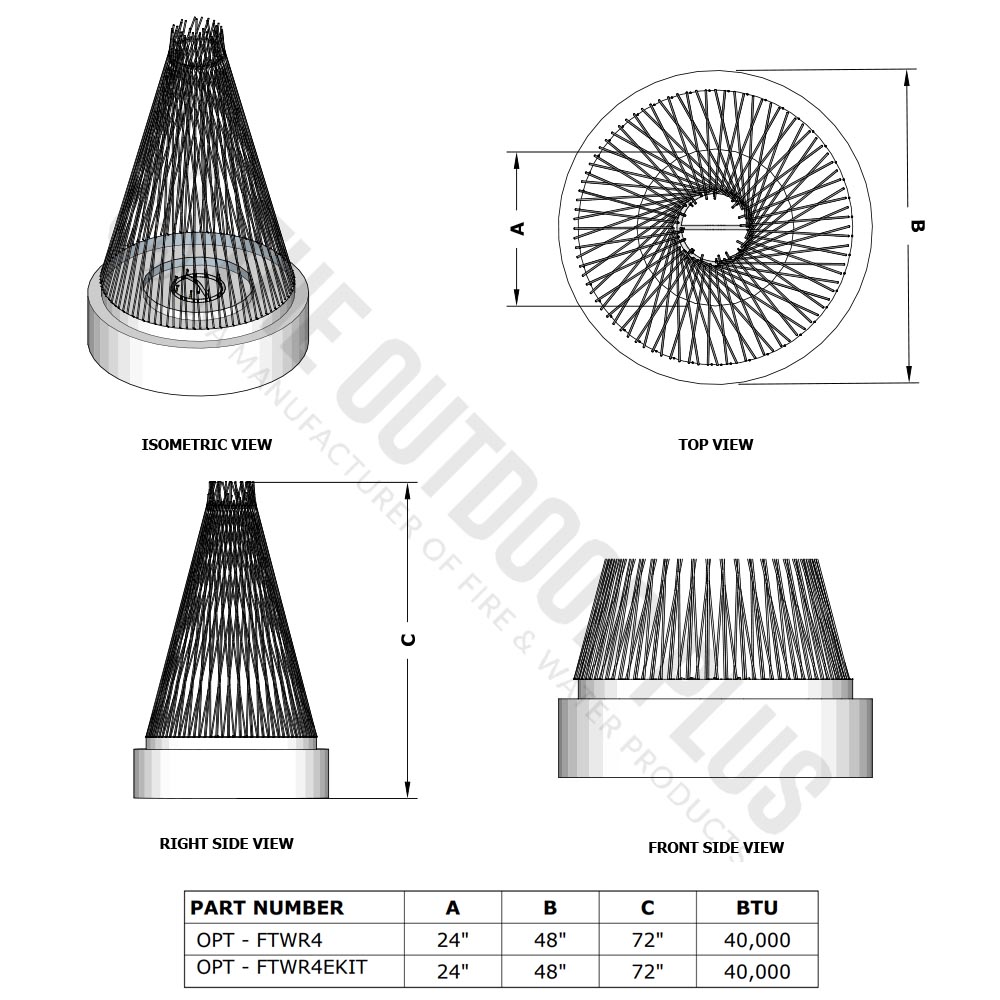 Concrete gas fire tower diagram with top and side views and dimension lines