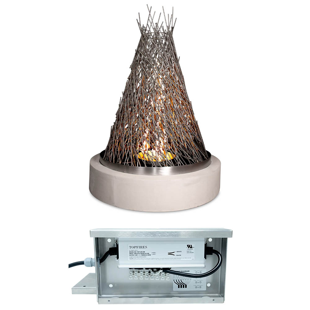 Outdoor gas fire tower with burning steel mesh top and internal burner control box