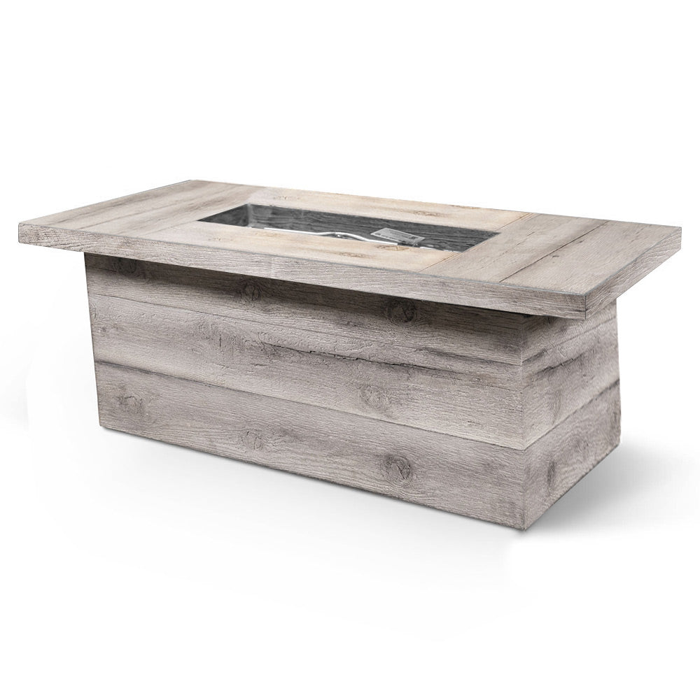 Light wood-grain square fire pit with open burner pan and recessed control panel area