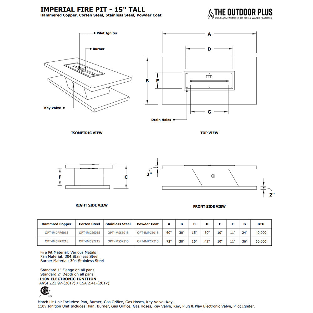 TOP Fires by The Outdoor Plus Imperial 15-Inch Tall Linear Powder Coated Steel Gas Fire Pit