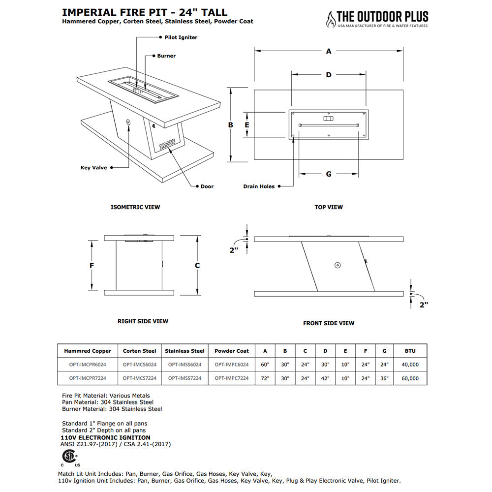 TOP Fires by The Outdoor Plus Imperial 24-Inch Tall Linear Stainless Steel Gas Fire Pit