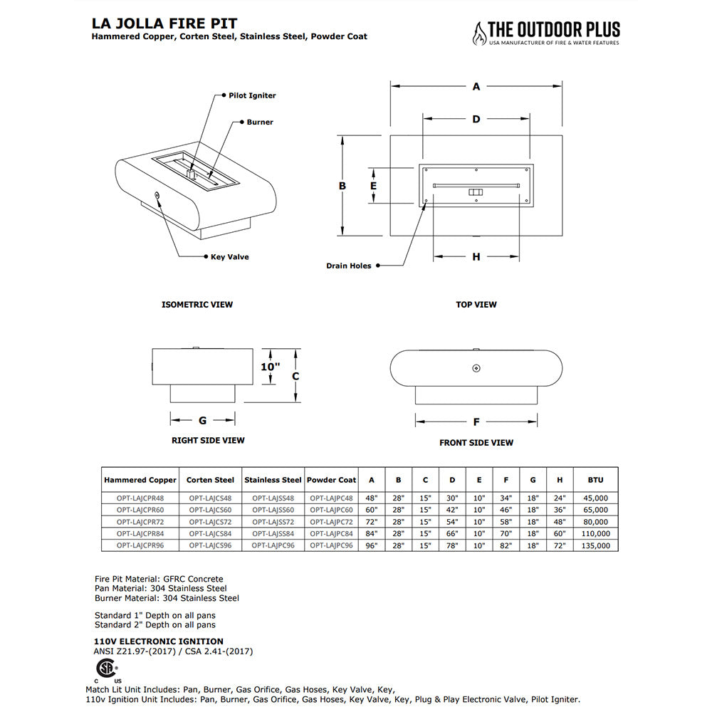 TOP Fires by The Outdoor Plus La Jolla Rectangular Powder Coated Steel Gas Fire Pit
