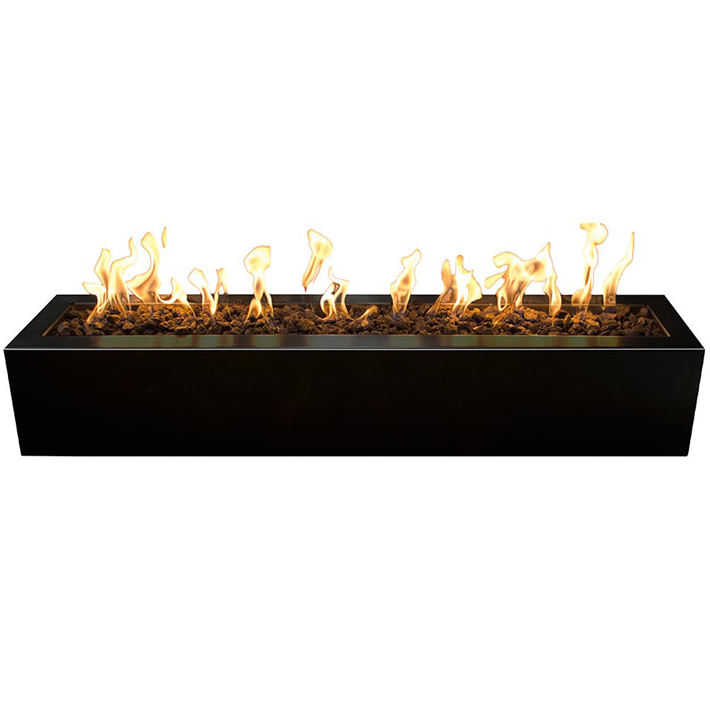 Black linear gas fire pit with flames visible along the top burner tray