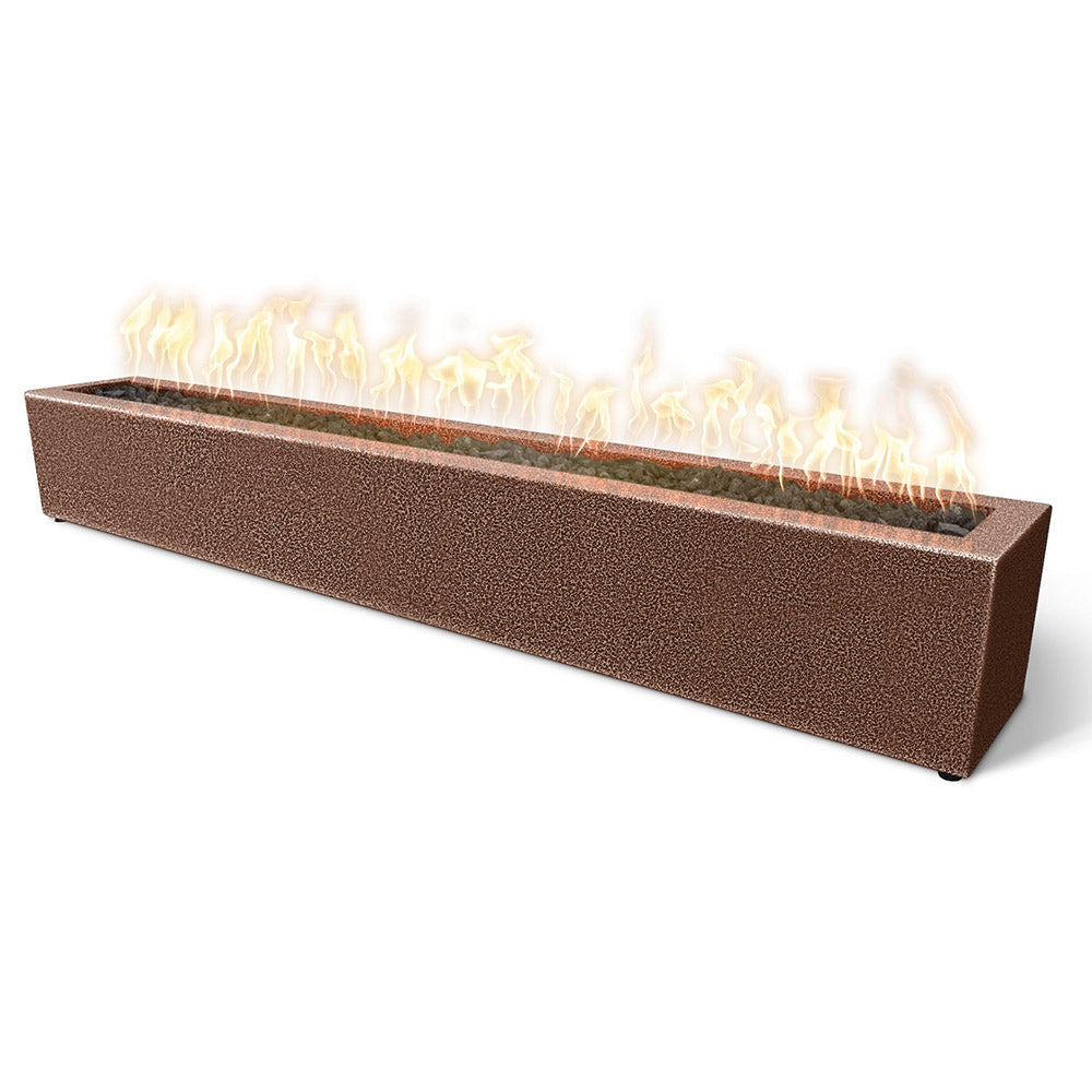 Brown textured linear gas fire pit with open burner and visible flames in rectangular tray