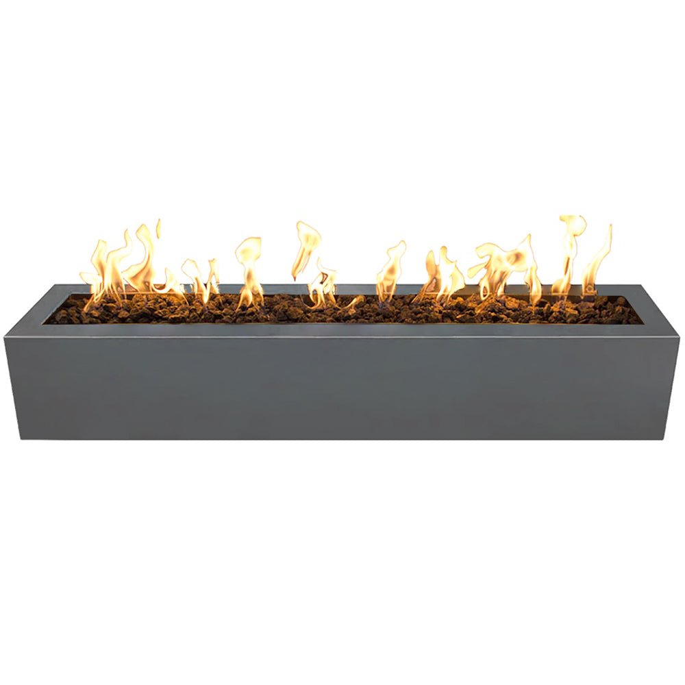 Gray-black linear gas fire pit with flames across the burner opening