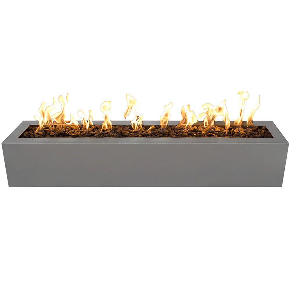 Linear rectangular gas fire pit with open burner and visible flames, powder-coated steel body
