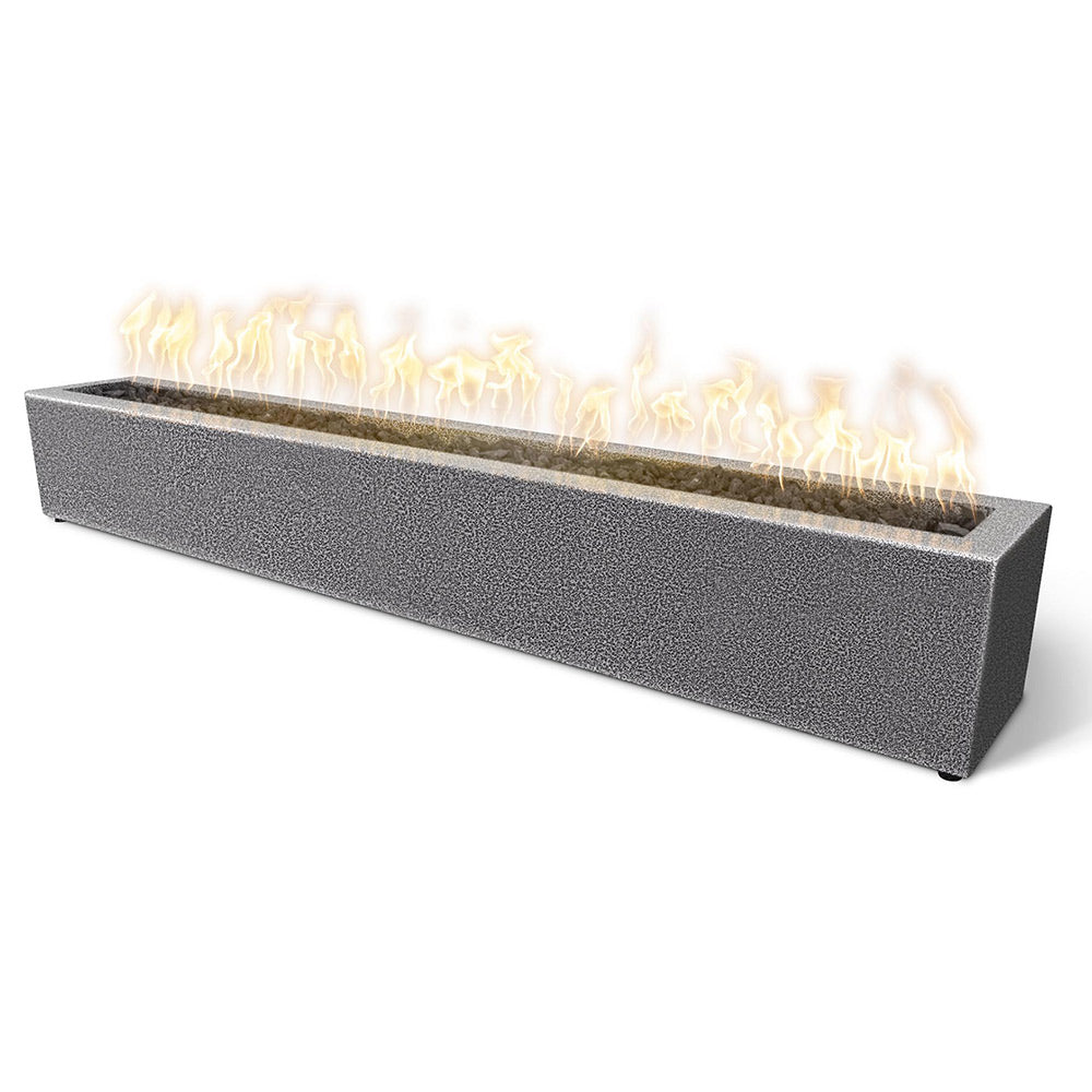 Gray speckled linear gas fire pit with flames burning in the steel trough