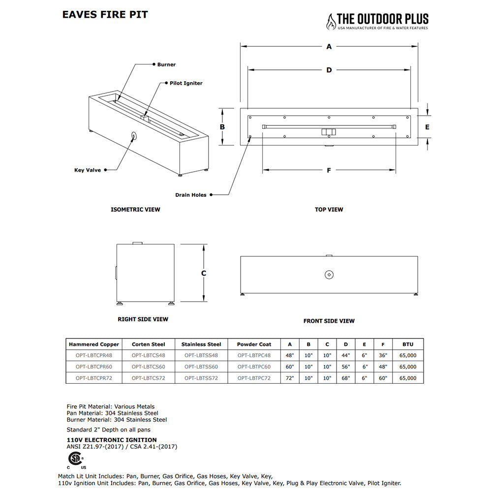 TOP Fires by The Outdoor Plus Eaves 48x10-Inch Linear Stainless Steel Gas Fire Pit