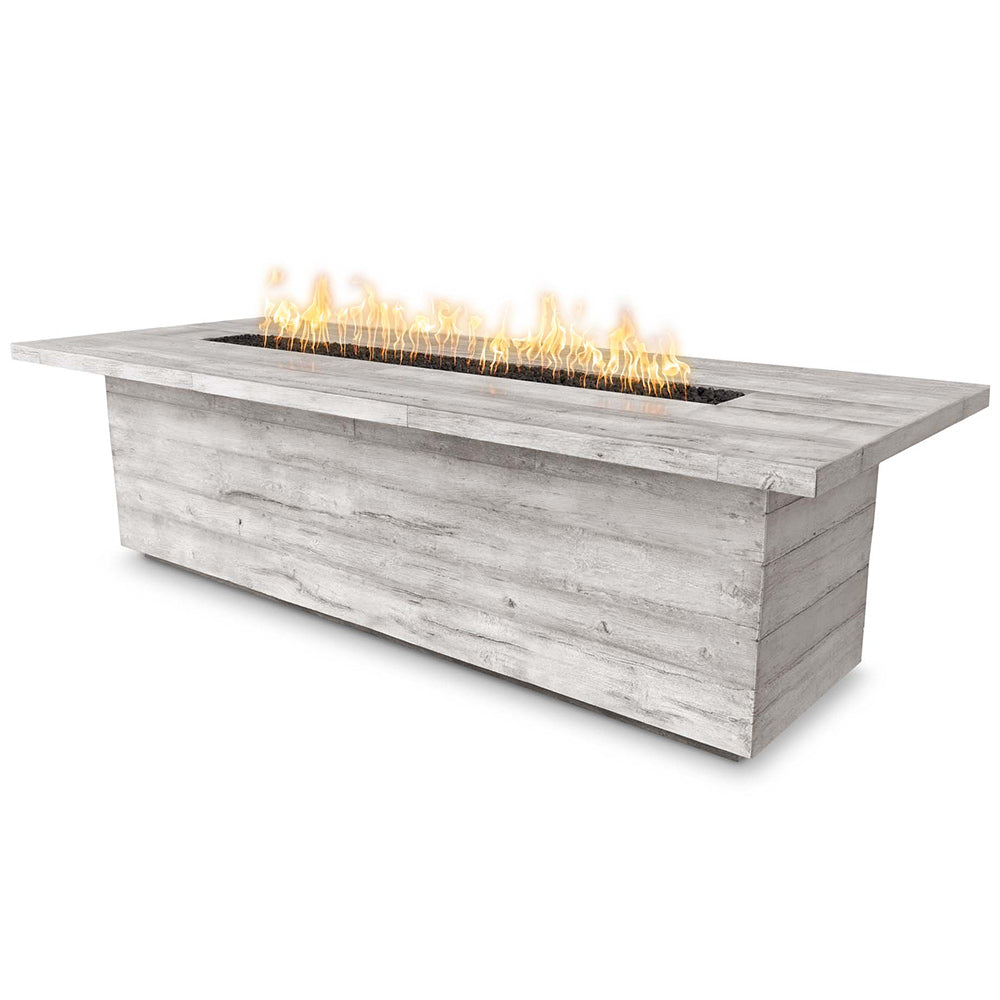 Rectangular wood-grain fire pit in light gray finish, with flames across the burner