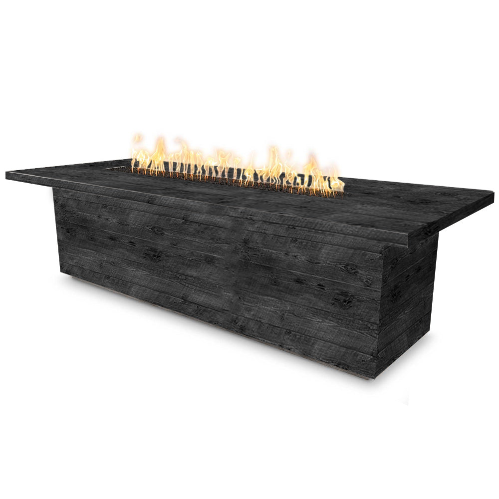 Rectangular wood-grain fire pit with glowing flames and dark charcoal finish