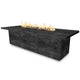 Rectangular wood-grain fire pit with glowing flames and dark charcoal finish