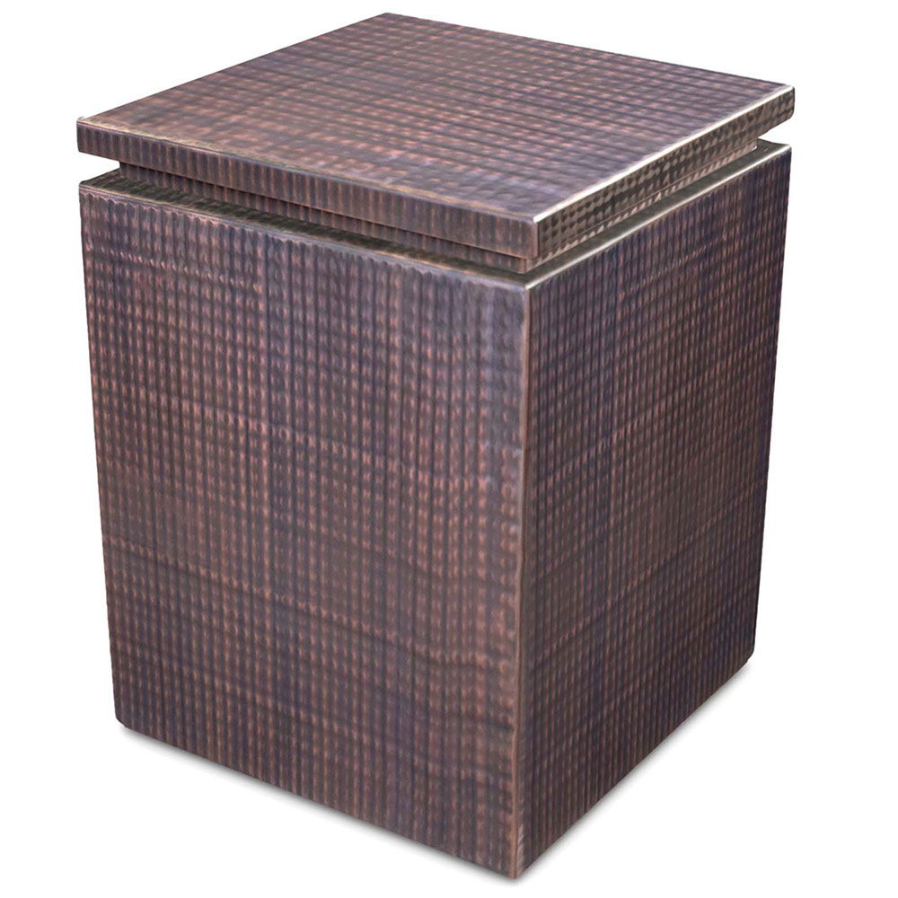 Hammered copper propane tank enclosure with removable top, rectangular cabinet.